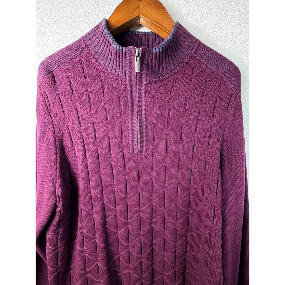 Tommy Bahama Men 1/4 Zip Mock Neck Knit Sweater Purple Textured Pullover Large